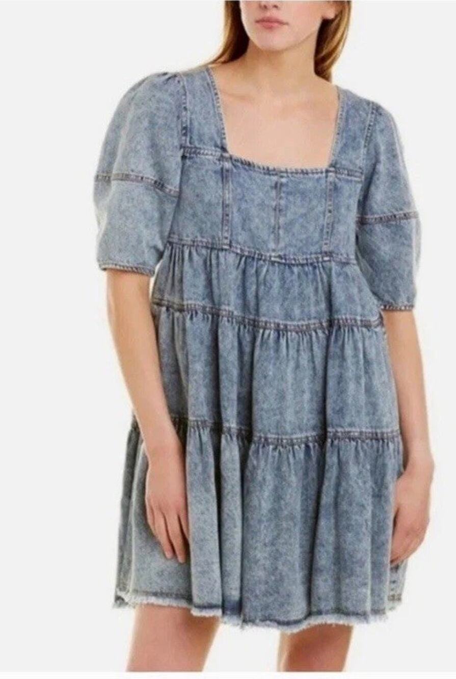 En Saison Babydoll Dress Size XS 100% Cotton Denim Pockets Tiered Frayed Hem
